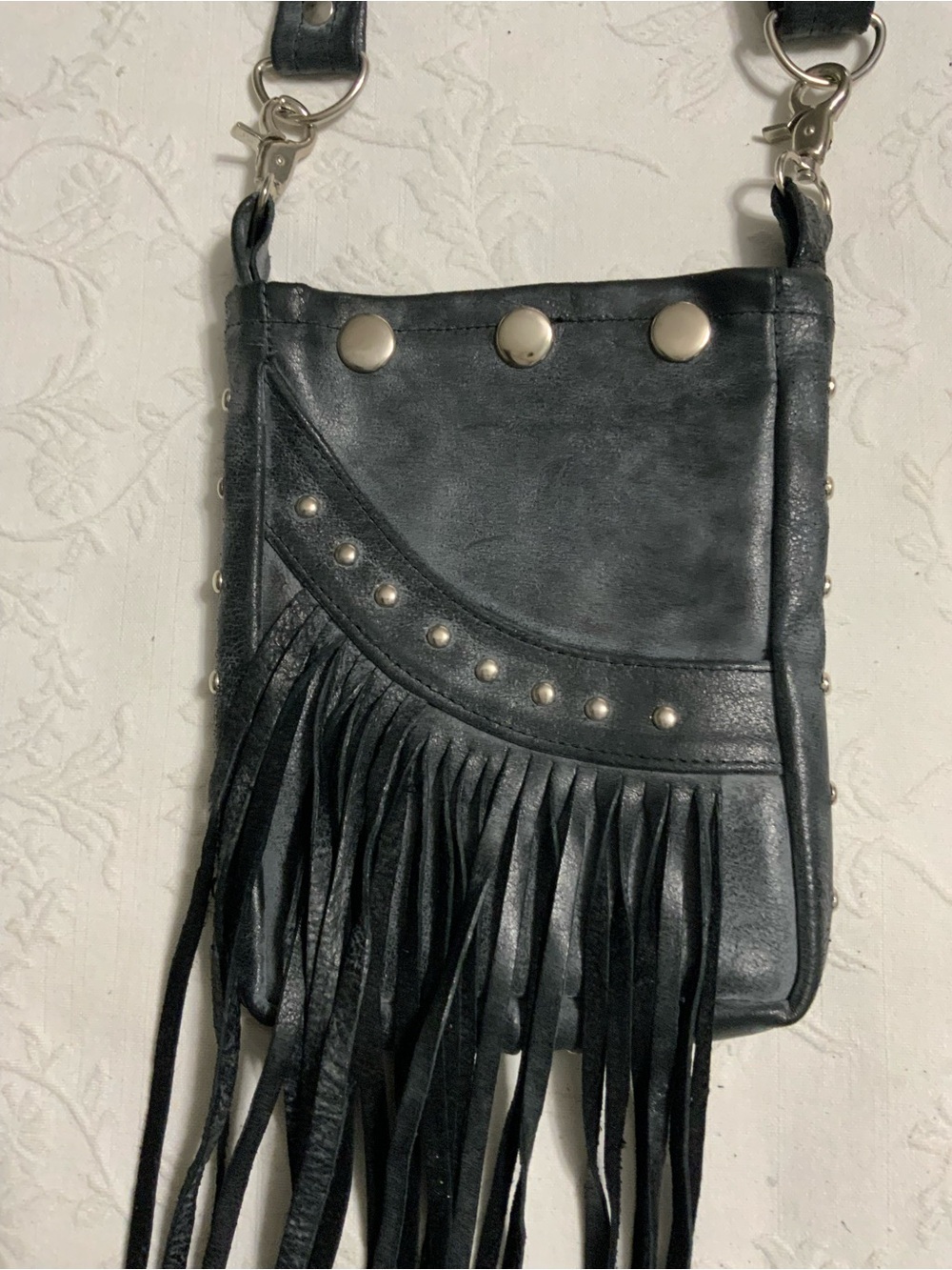 Leather Biker Crossbody Bag with Silver Studs and Fringe, Hip Bag - Picture 3 of 8